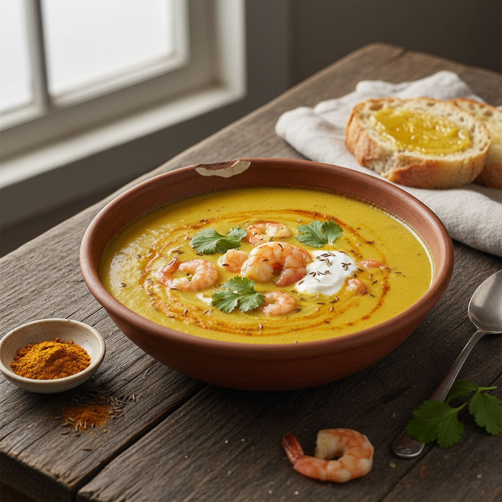 Soupe de Crevettes et Farine Dorée à l'Indienne