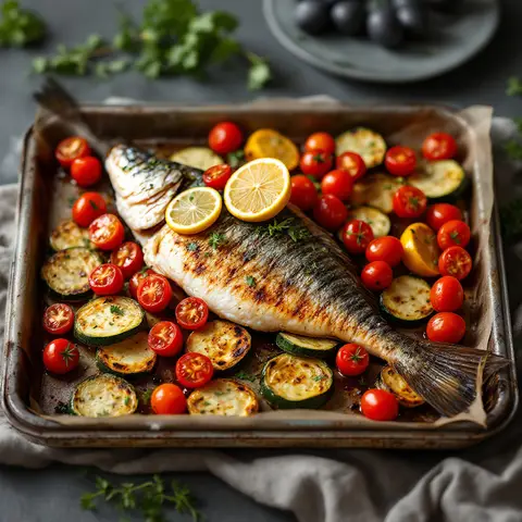 Dorade grillée aux courgettes et tomates cerises