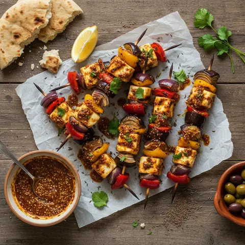 Brochettes de halloumi et légumes à la chermoula