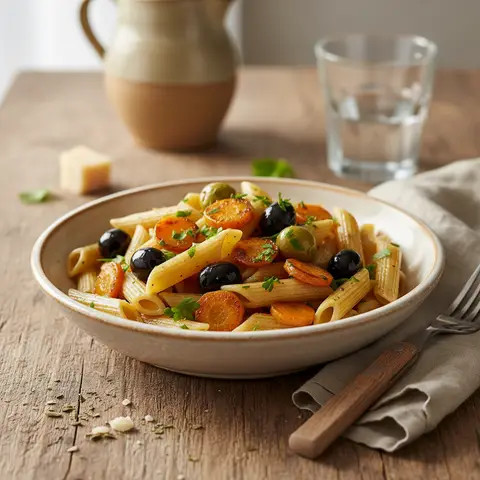 Penne mit Oliven und Möhren