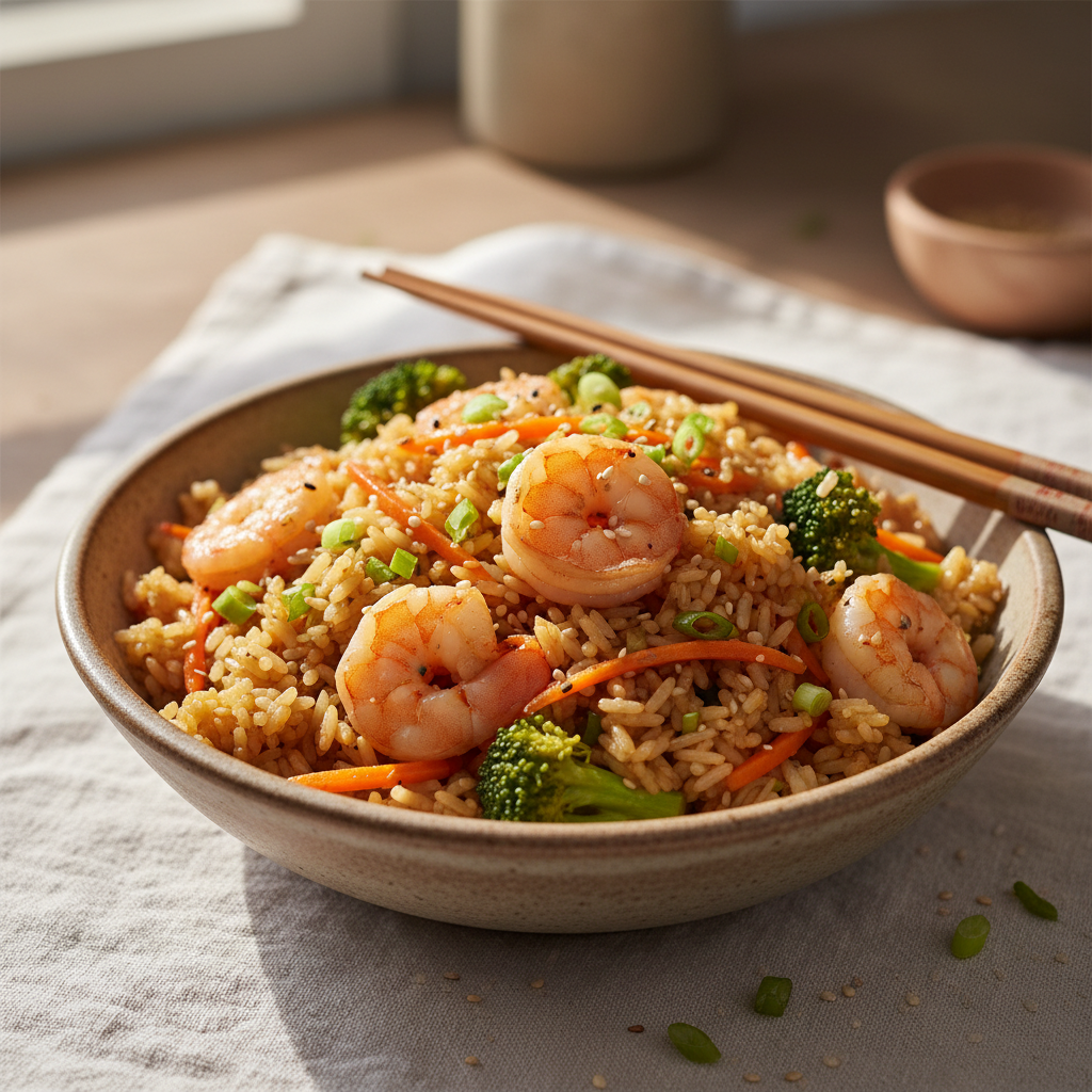 Riz Sauté Asiatique aux Brocoli et Crevettes