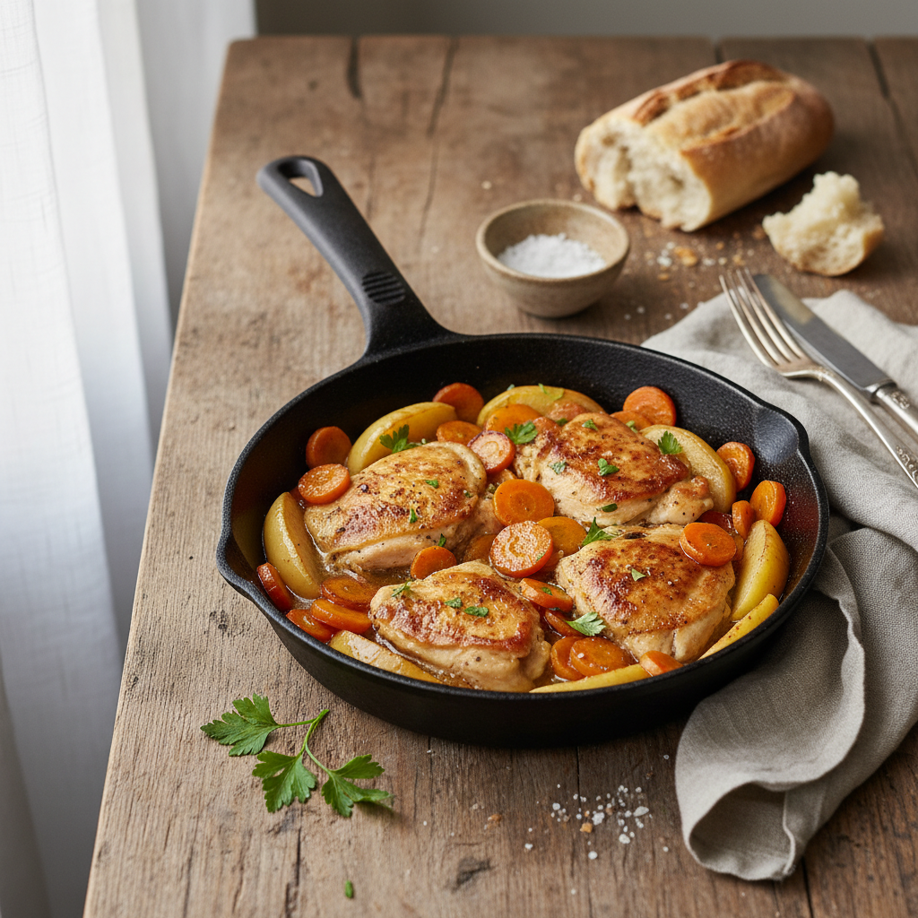 Poêlée de poulet aux carottes et pommes