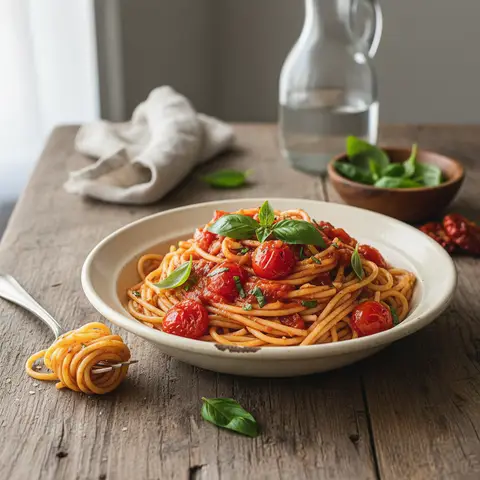 Spaghetti mit frischen Tomaten und Basilikum