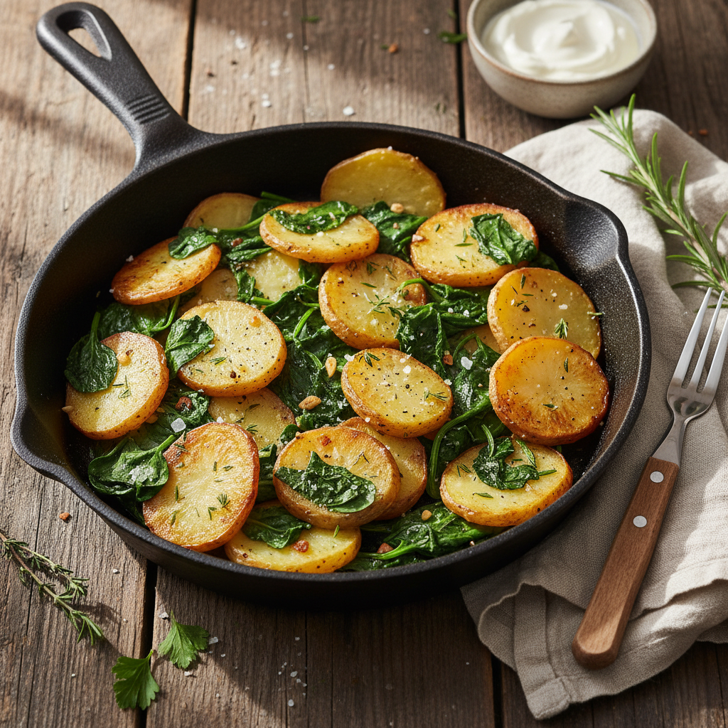 Sauté de pommes de terre et épinards à la poêle