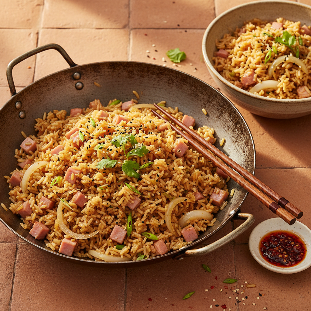 Riz sauté au jambon