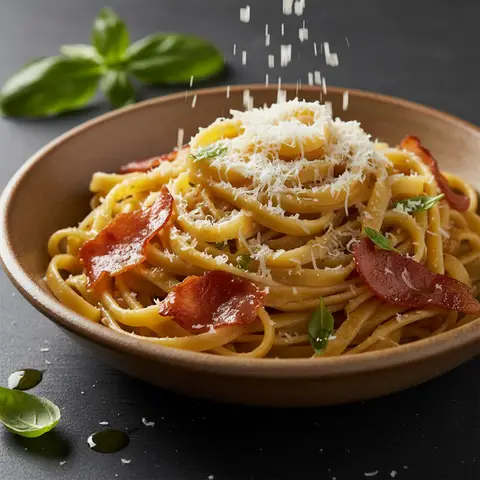 Pasta mit Schinken, Parmesan und Olivenöl-Sauce
