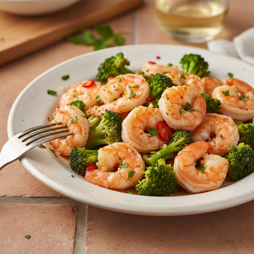 Crevettes poêlées à l'ail et au brocoli