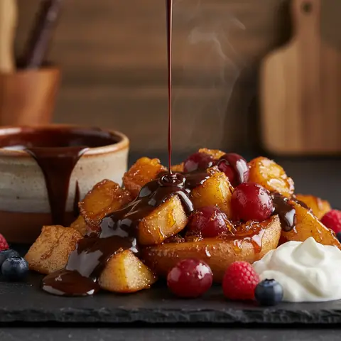 Schokoladensauce mit karamellisiertem Obst