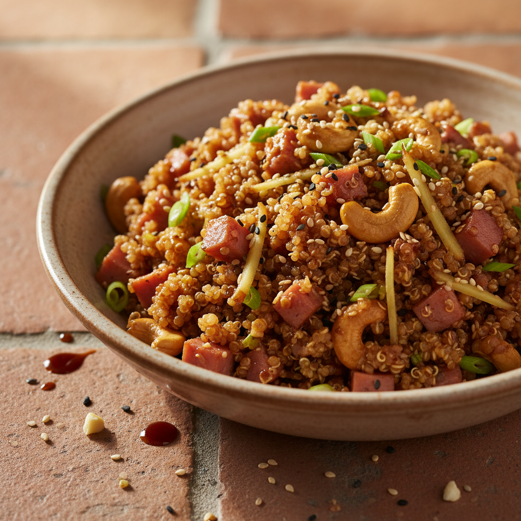 Risotto Asiatique Quinoa-Jambon aux Noix de Cajou et Gingembre