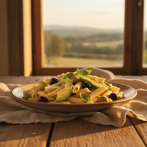 Penne mit Avocado und Oliven