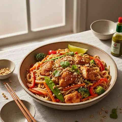 Pad Thai mit Gemüse und Hähnchen