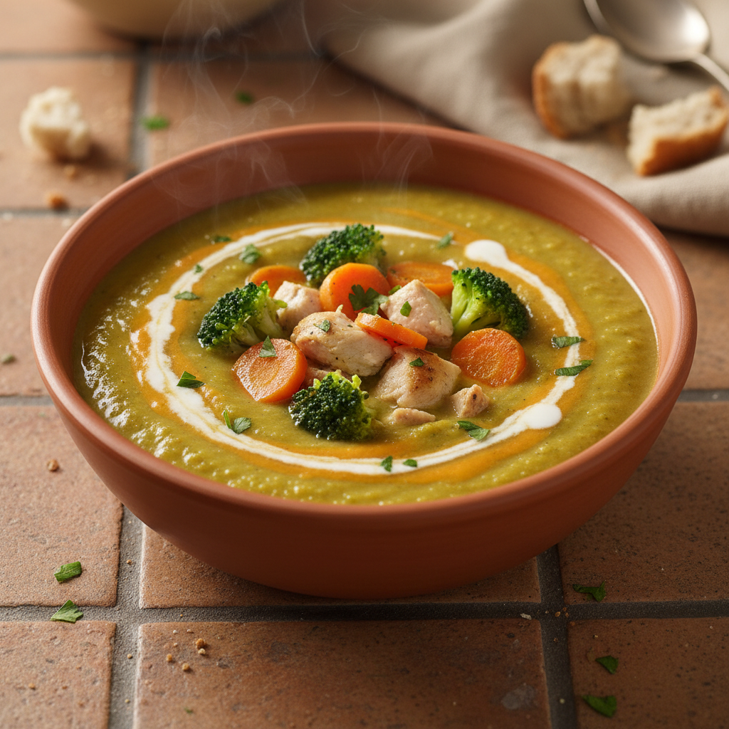 Soupe veloutée poulet, carotte et brocoli