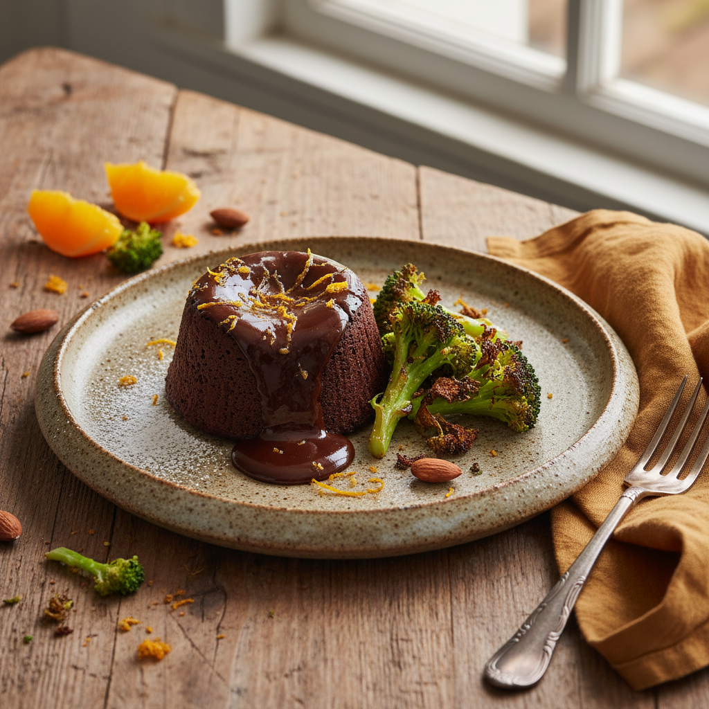 Fondant au Chocolat et Orange avec Brocoli Croustillant