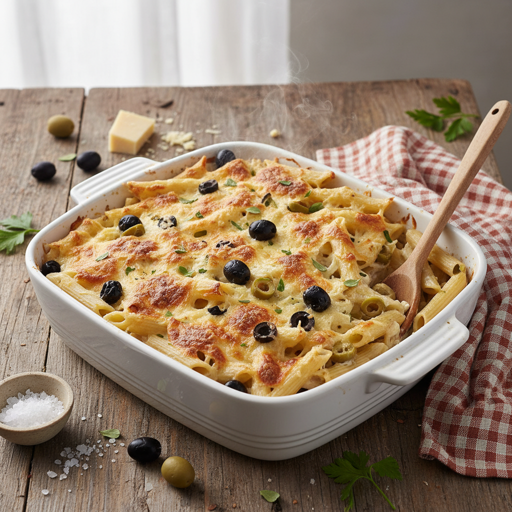 Penne Crémeuses aux Olives et Gruyère