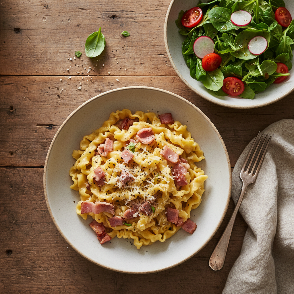 Pâtes à la Carbonara Revisitée et Salade Verte