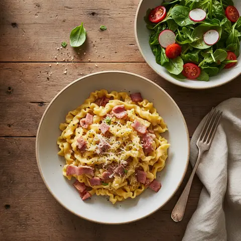 Revisitierte Carbonara-Nudeln mit grünem Salat