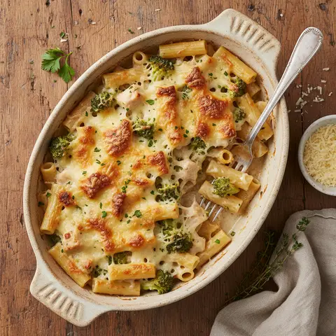 Nudel-Hähnchen-Brokkoli-Gratin mit Gruyère