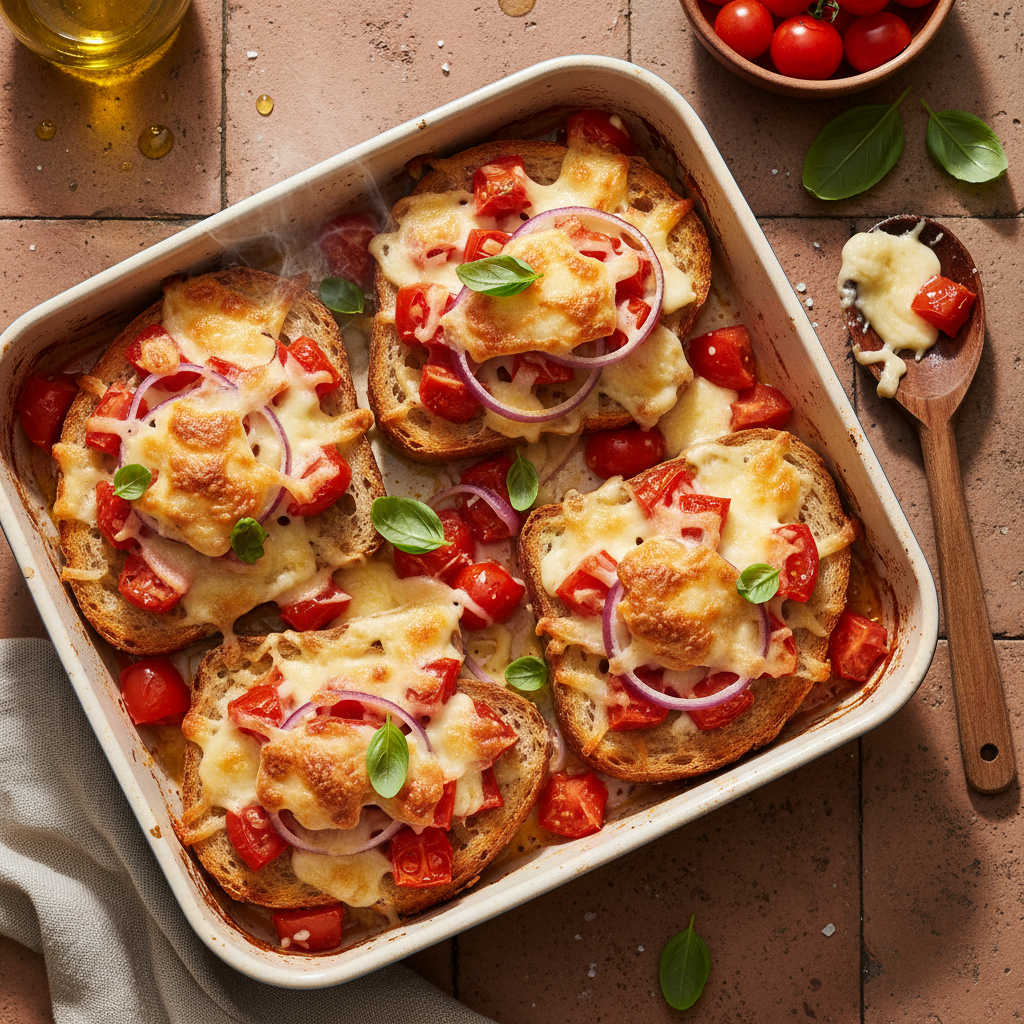 Pain garni gratinés à la tomate et fromage