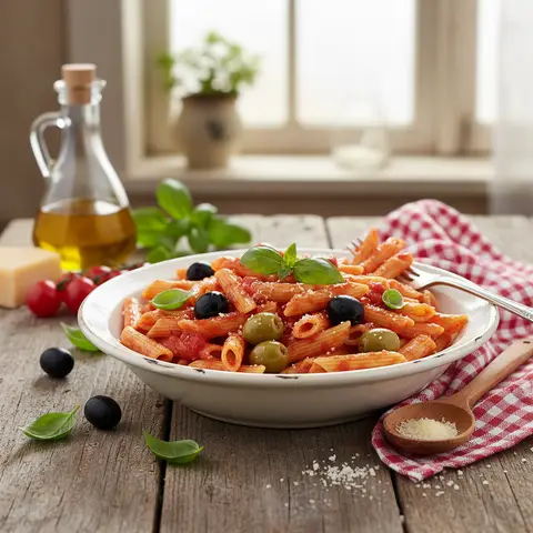 Penne mit Tomaten und Oliven