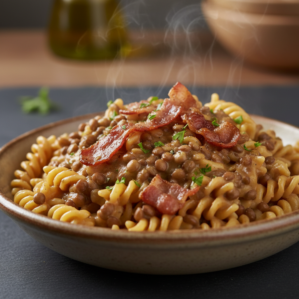 Pâtes à la Crème de Lentilles et Bacon Croustillant