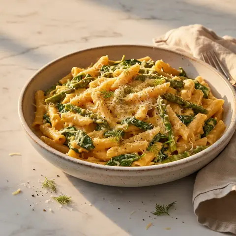 Creamy Pasta with Asparagus, Spinach, and Cheese