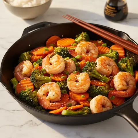 Asiatische Pfanne mit Brokkoli, Karotte und Garnelen