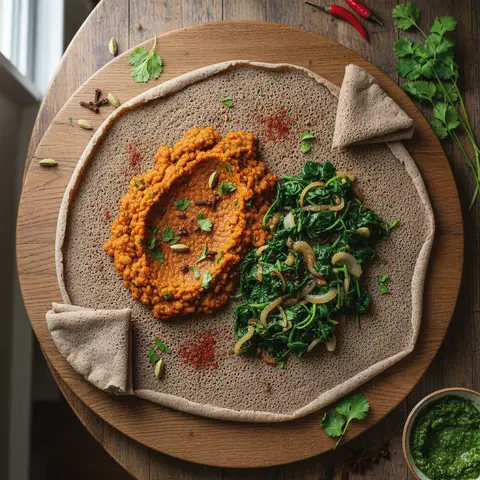 Injera mit roten Linsen und Spinat