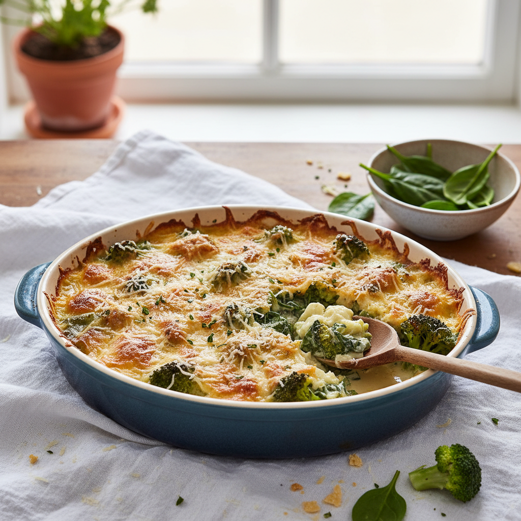 Gratin de brocoli et épinards au fromage
