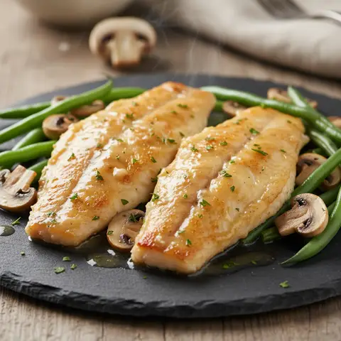 Baked Sole Meunière with Mushrooms and Green Beans