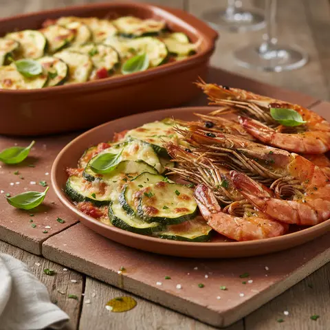 Gegrillte Garnelen italienisch mit Zucchini alla Parmigiana