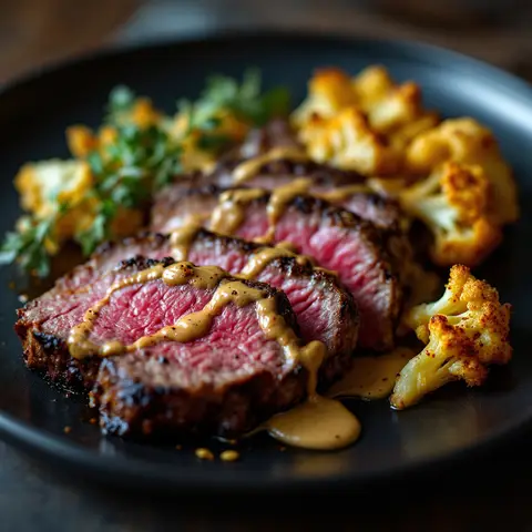 Entrecôte de bœuf à la moutarde à l'ancienne et chou-fleur rôti