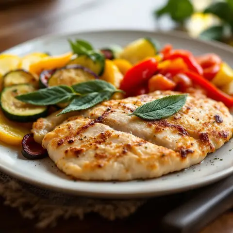Escalopes de dinde à la sauge, poêlée de courgettes et poivrons