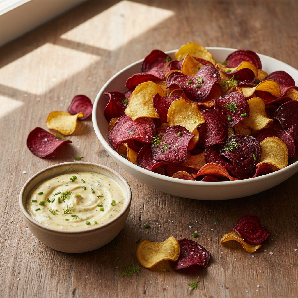 Chips de Betterave et Pommes de Terre avec Trempage à la Moutarde et Herbes