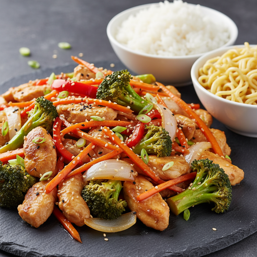 Poulet sauté asiatique aux légumes et sauce soja-miel