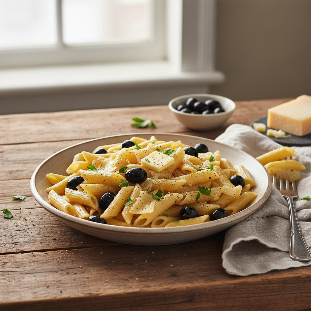 Penne aux Olives et Gruyère
