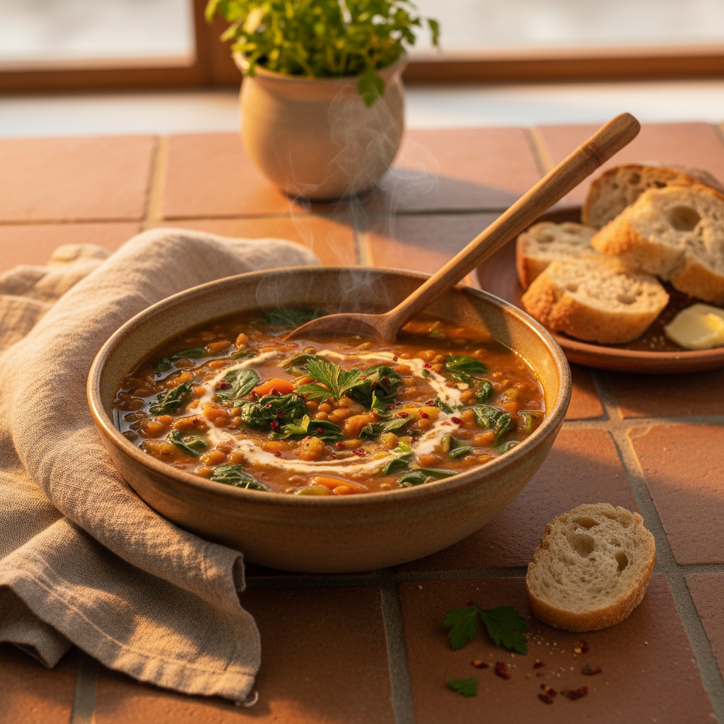Soupe aux lentilles et épinards