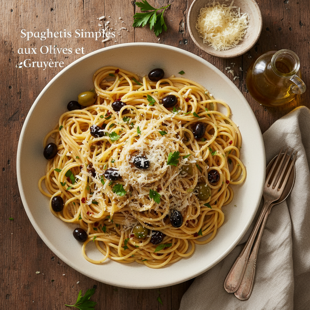 Spaghettis Simples aux Olives et Gruyère