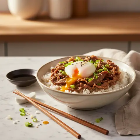 Rindfleisch-Donburi mit Ei
