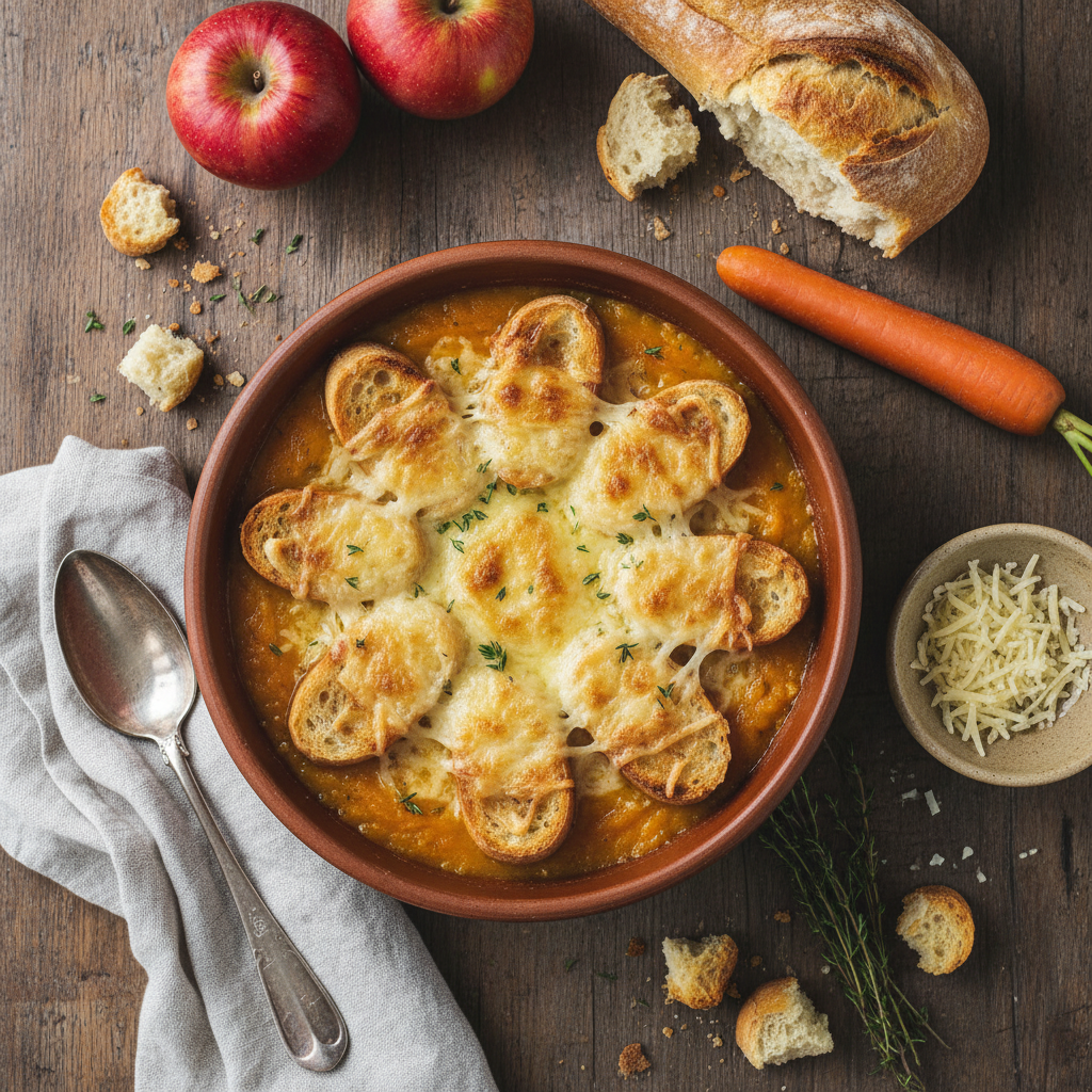 Potage de Carotte et Pomme Gratinée