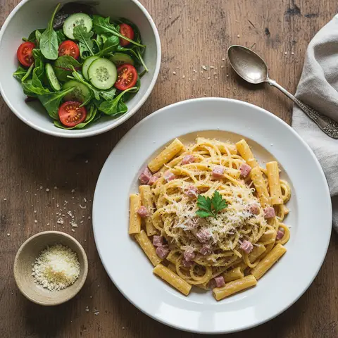 Simplified Carbonara Pasta with Green Salad