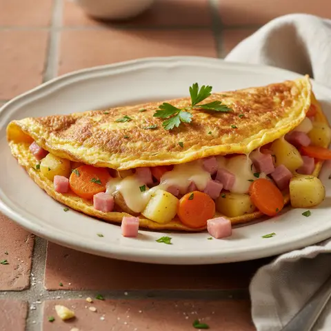 Bäuerliches Omelett mit Schinken, Käse und Gemüse