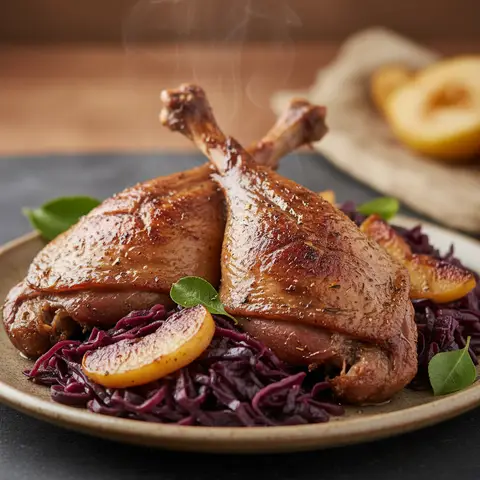 Roasted Confit Duck Legs with Red Cabbage and Apples