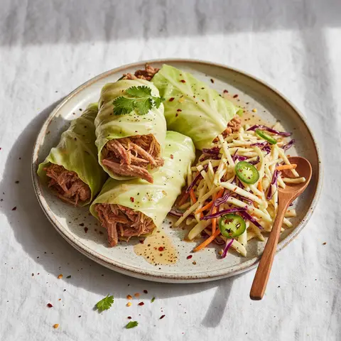 Kohlwickel mit zerzupeltem Schweinefleisch und würzigem Krautsalat