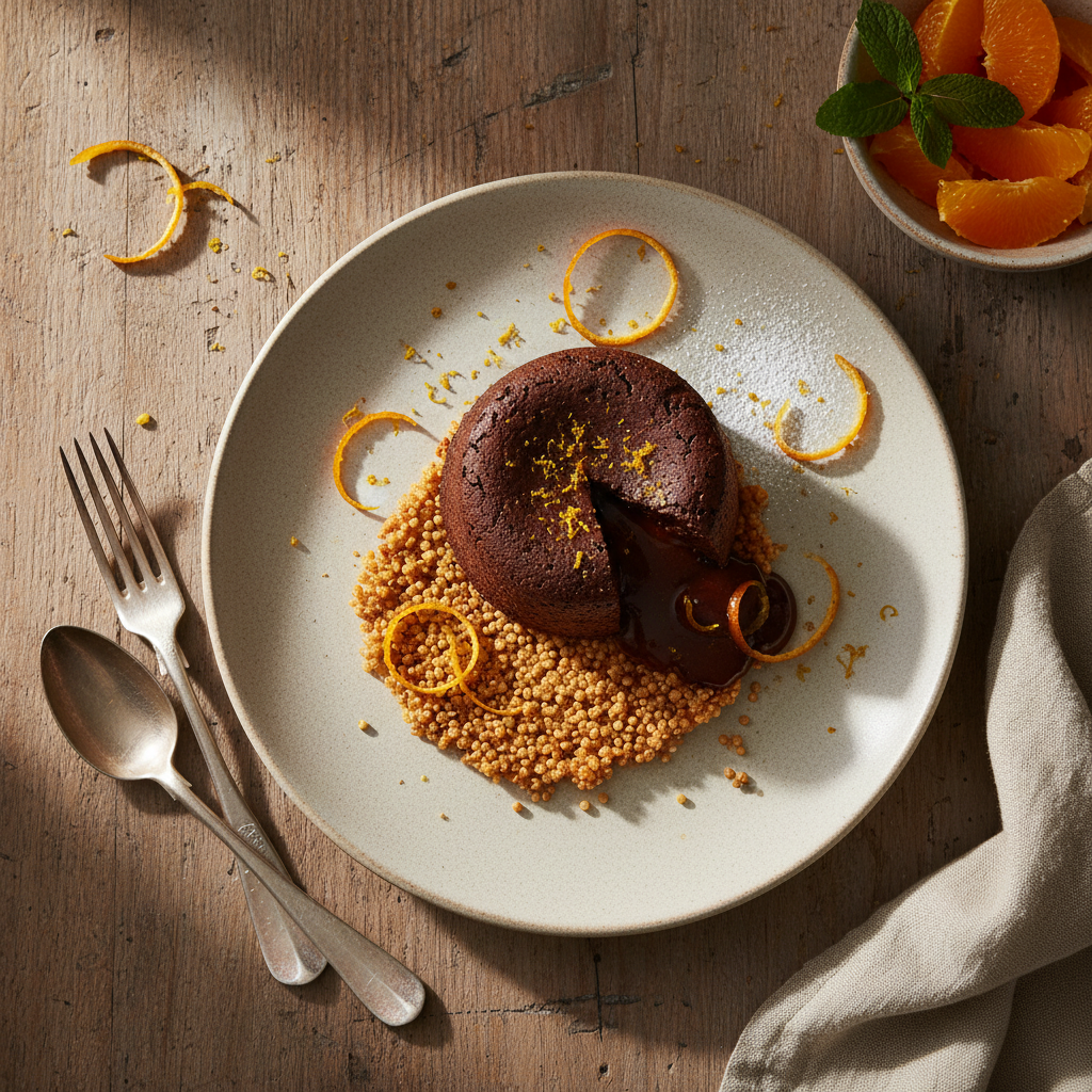 Chocolat Noir Fondant aux Oranges et Quinoa Croustillant