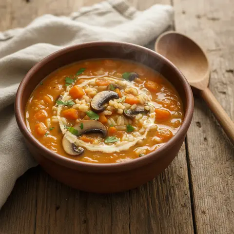 Karotten-, Pilz- und Reissuppe