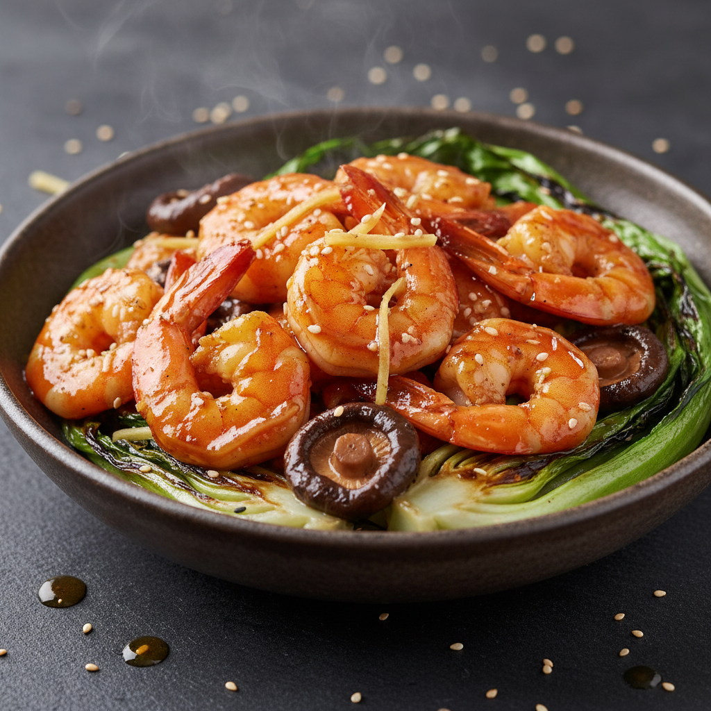Bowl de gambas laquées au gingembre et chou pak choï