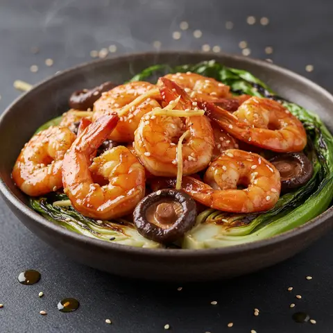 Bowl de gambas laquées au gingembre et chou pak choï