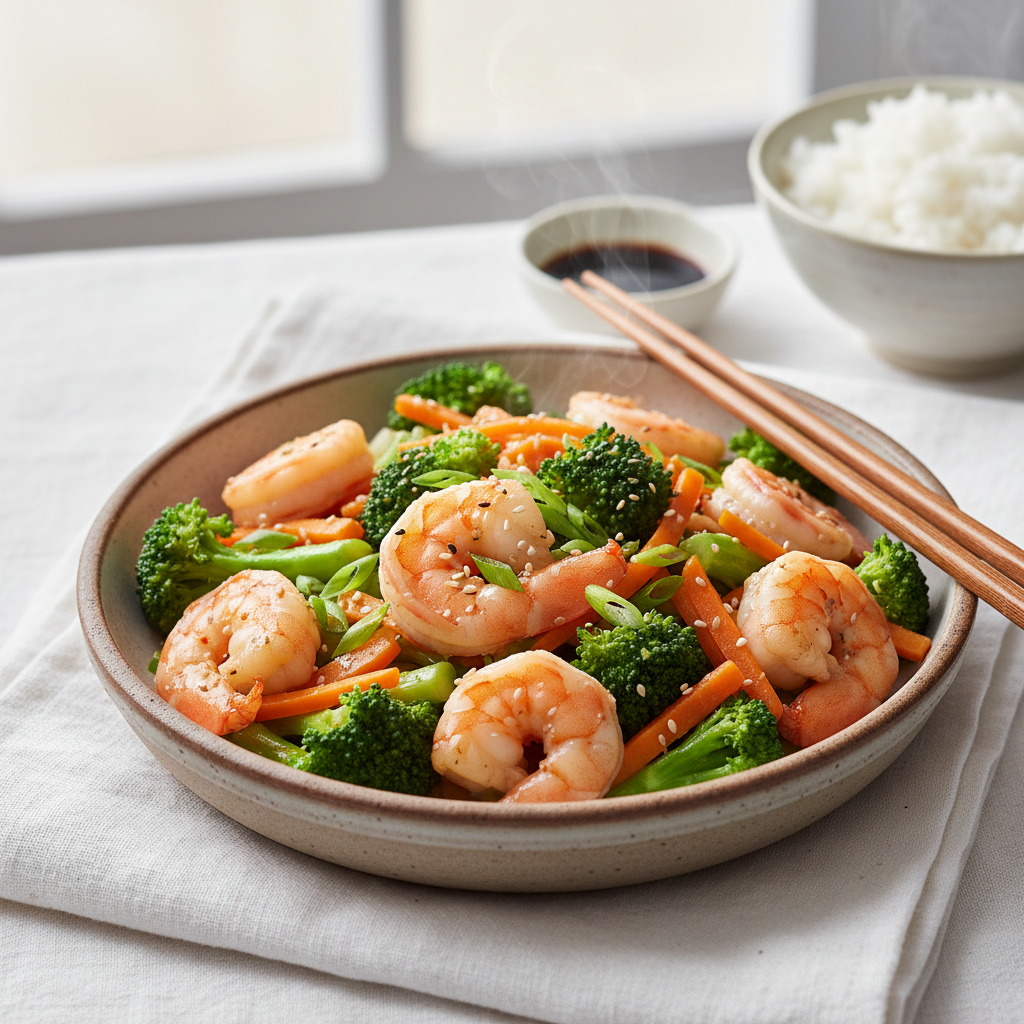 Poêlée de Crevettes, Brocoli et Carotte