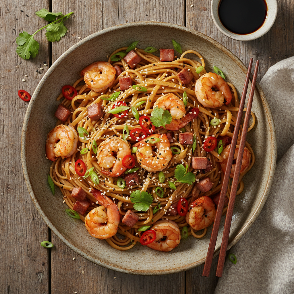 Pâtes aux Crevettes et Jambon (Asiatique Simplifiée)