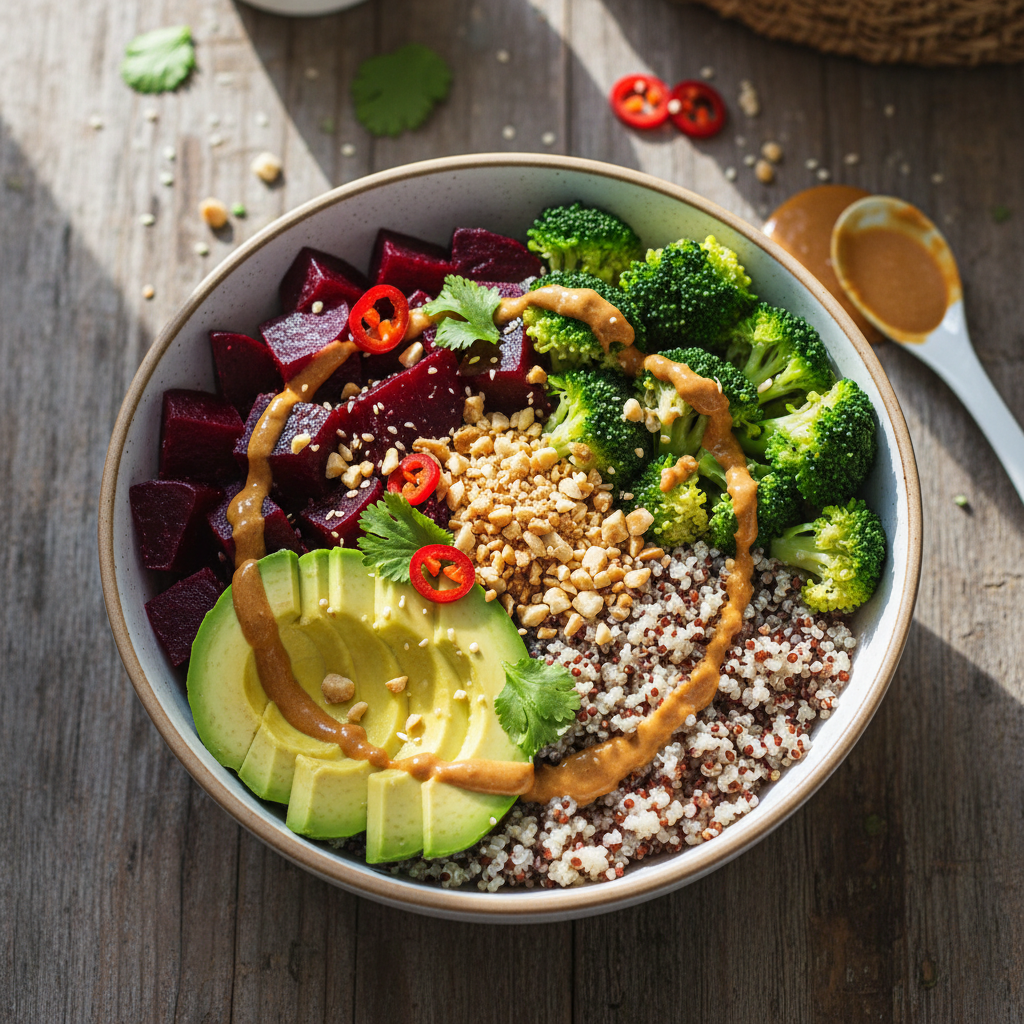 Buddha Bowl Asiatique: Quinoa, Betterave Rôtie, Avocat et Sauce Cacahuète-Gingembre